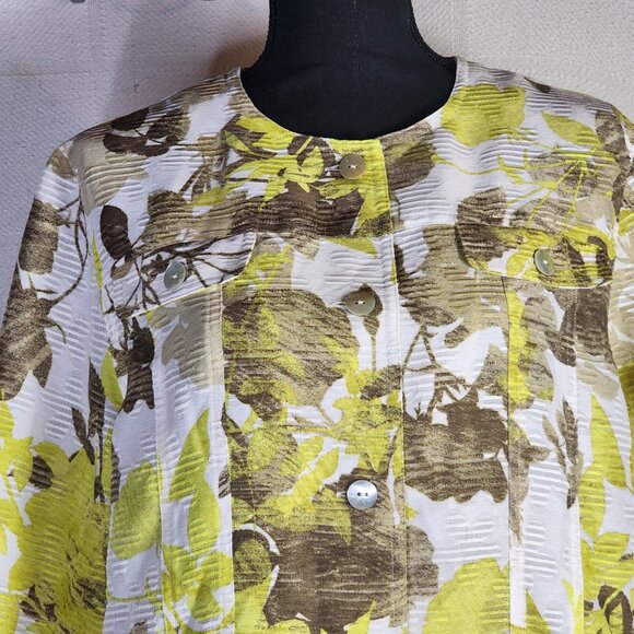 Alfred Dunner Citron Yellow Brown Floral Pearlized Button Up Poly Shacket Sz 16 - Picture 4 of 16